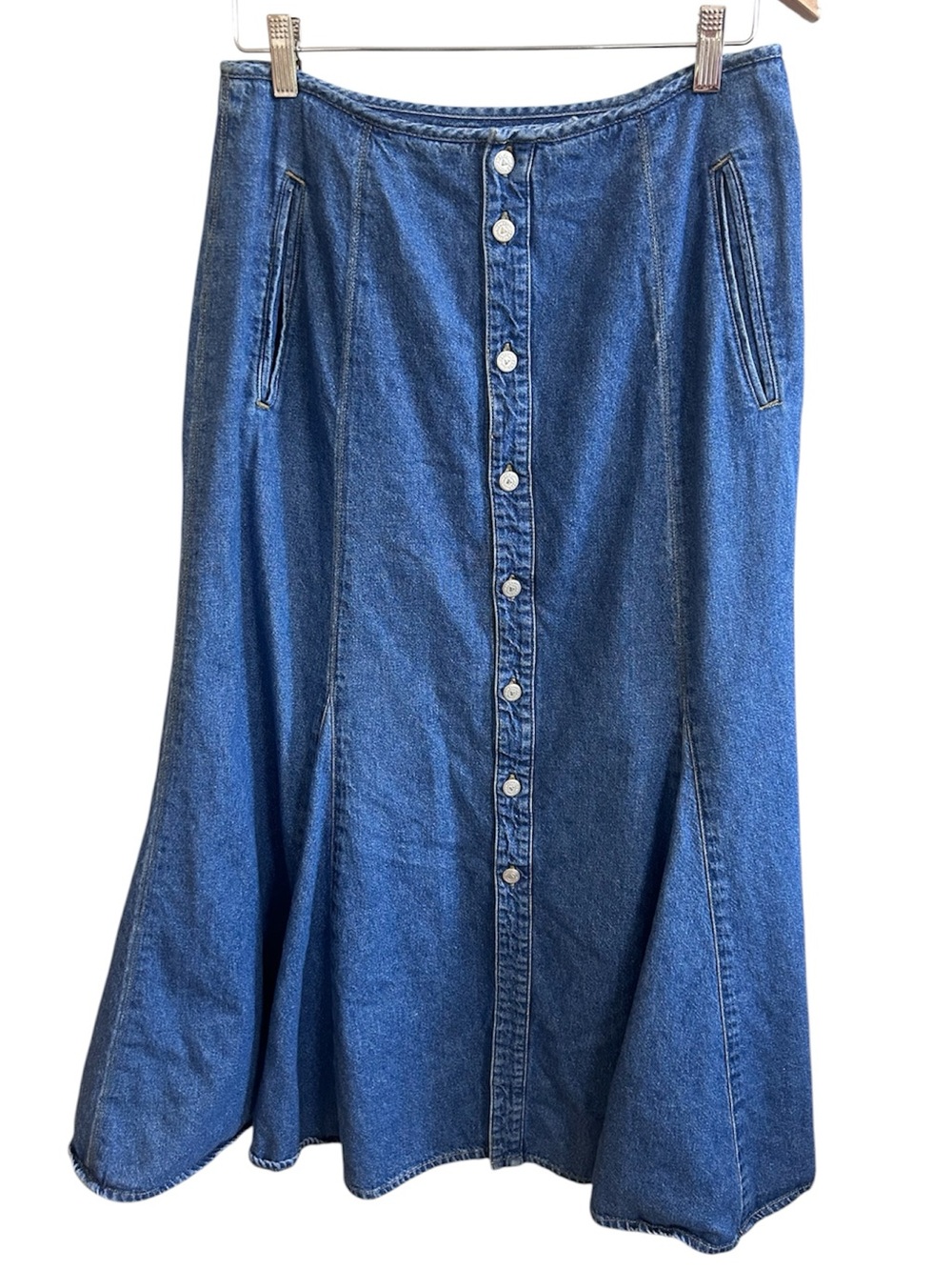 Vintage Liz Sport Denim Maxi Skirt Button Front A-Line Blue 90s M/L